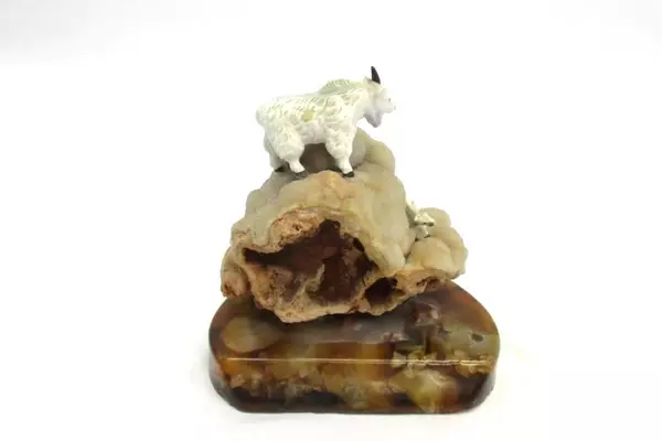 Geode Specimen Featuring Bone China Mountain Goats And Lucite Rock Base
