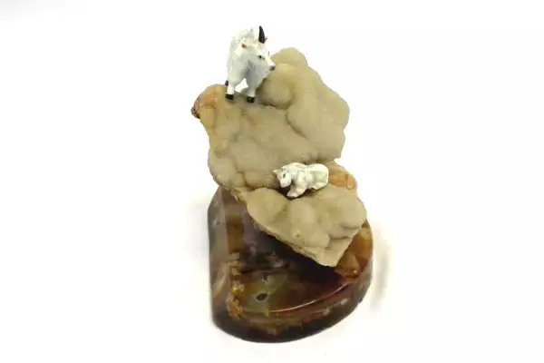 Geode Specimen Featuring Bone China Mountain Goats And Lucite Rock Base