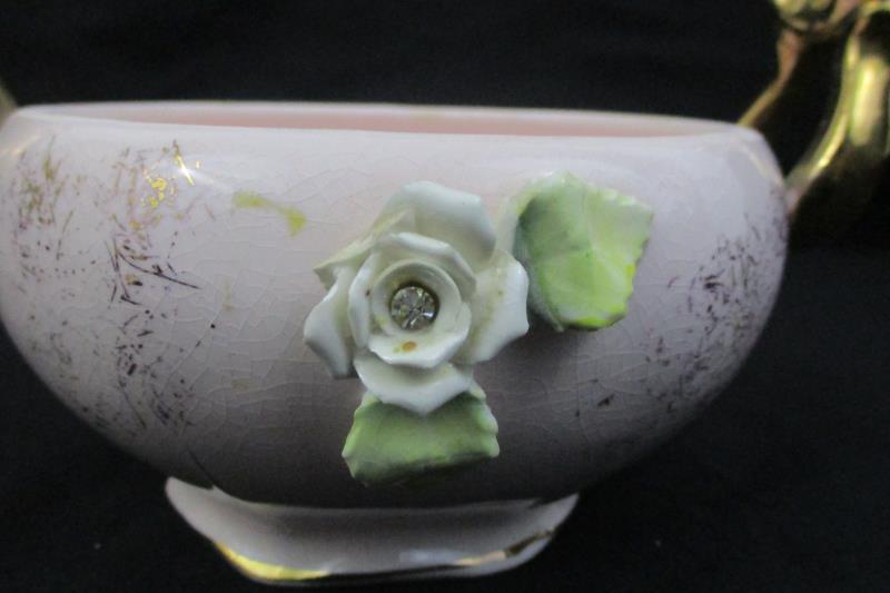Vintage Wales China Lidded Pink And Gold Gild Candy Dish Embossed Roses Japan