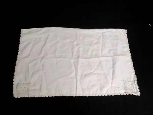 Small End Table Vintage Crocheted Tablecloth Floral Decor White Trim