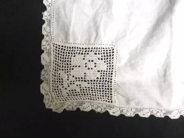 Small End Table Vintage Crocheted Tablecloth Floral Decor White Trim