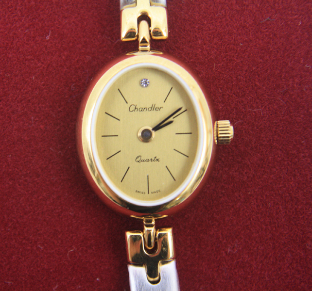 Chandler Two Tone Bracelet Watch - Oval Face, Gold Overlay/Brushed Rhodium Band
