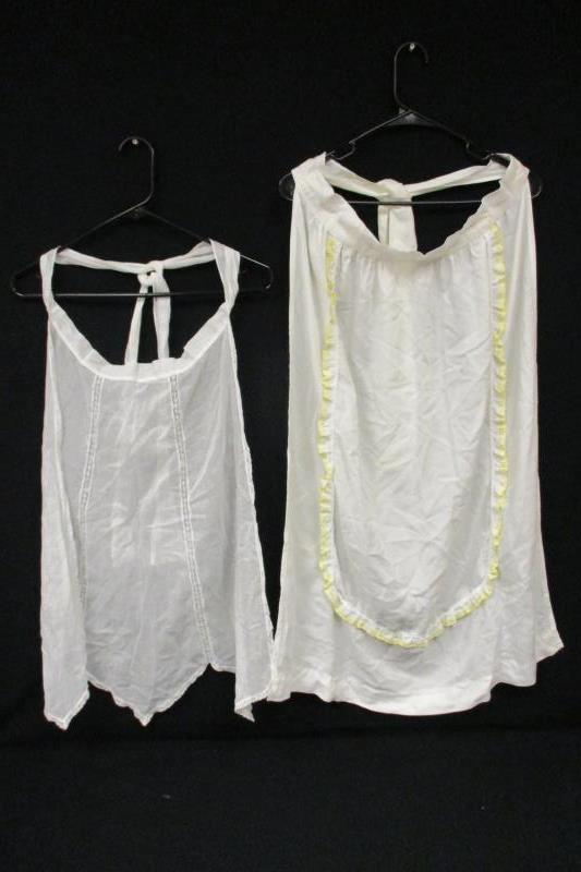Lot of 2 Vintage Handmade Half Aprons White Tie Waist Lace Trim Semi Sheer