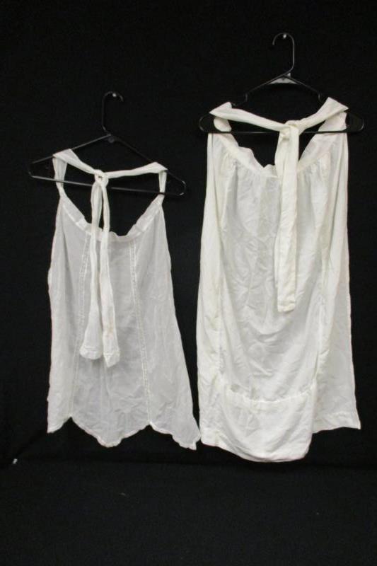 Lot of 2 Vintage Handmade Half Aprons White Tie Waist Lace Trim Semi Sheer