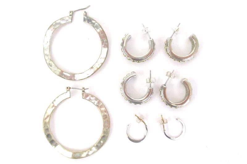 Lot of 4 Pairs Pierced Earrings Silver Tone Hoops C Shaped With Backs