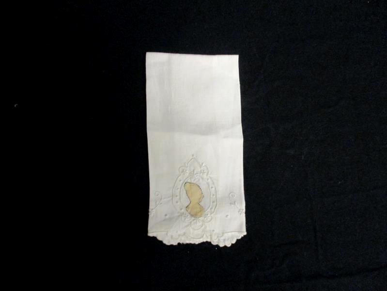 Vintage Hand Embroidered White Handkerchief Tan Cameo Accent Ruffle Trim