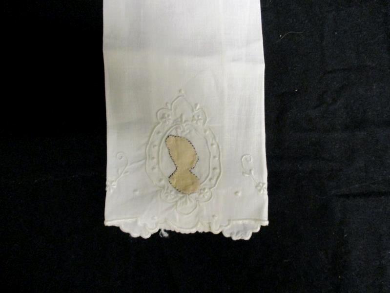 Vintage Hand Embroidered White Handkerchief Tan Cameo Accent Ruffle Trim