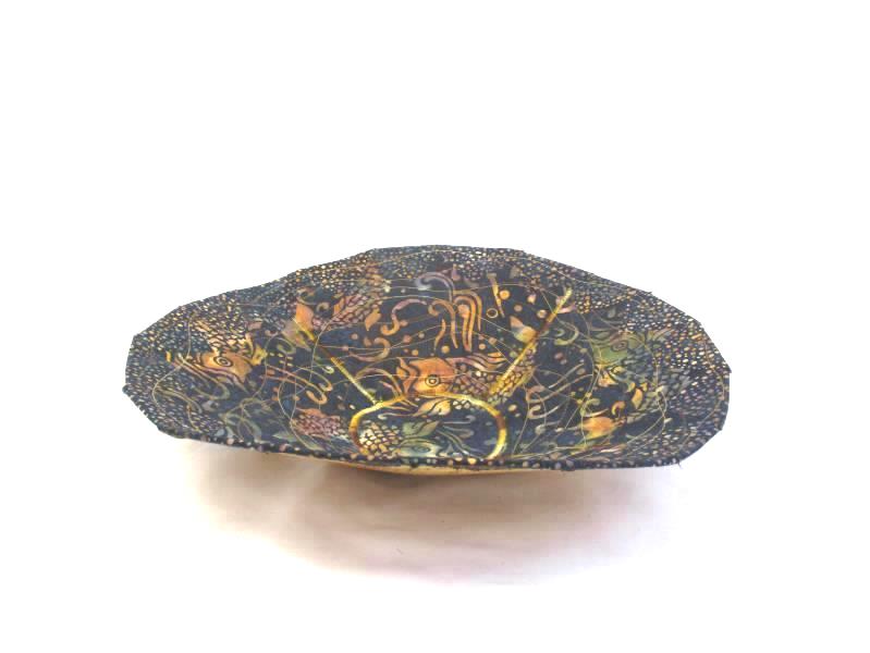 Fabric Fruit Bowl Basket Liner Koi Fish Patterned Navy Blue Gold Quilted Design