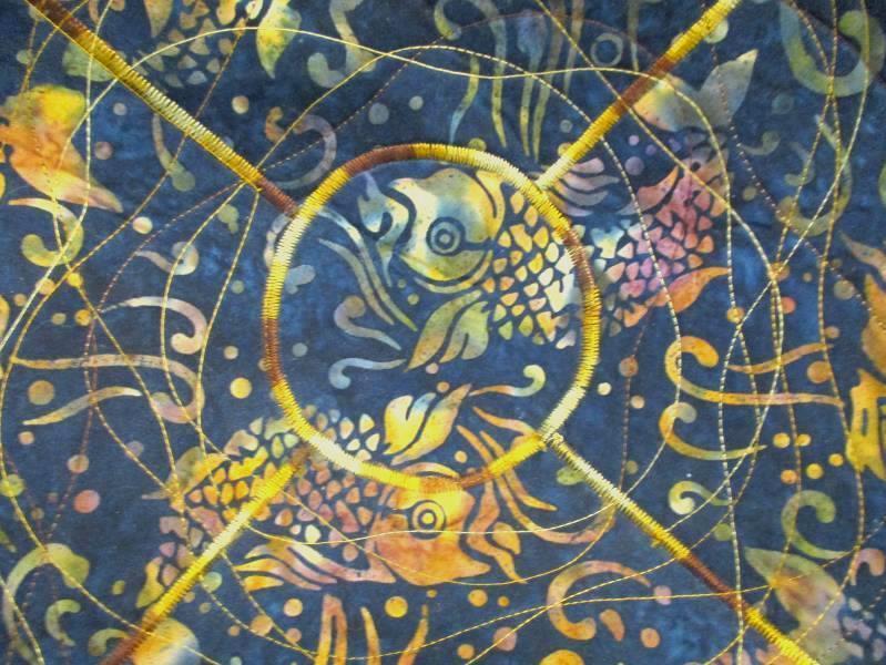 Fabric Fruit Bowl Basket Liner Koi Fish Patterned Navy Blue Gold Quilted Design