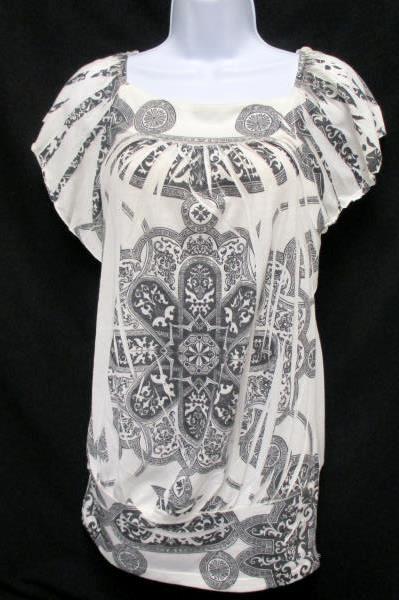 Siren Lily White Gray Print Short Sleeve Top Blouse Maternity Women's L
