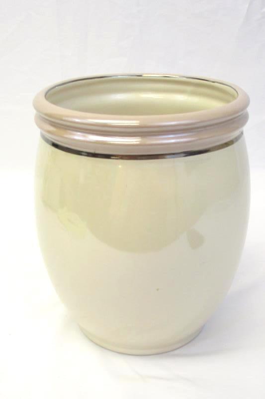 Beige Opaline Linen Circular Ceramic Tall Simple Wastebasket Silver Trim