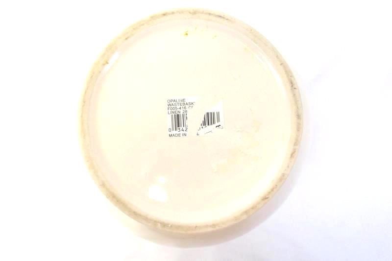 Beige Opaline Linen Circular Ceramic Tall Simple Wastebasket Silver Trim