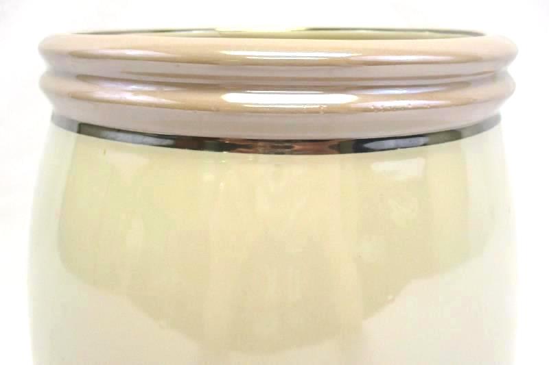 Beige Opaline Linen Circular Ceramic Tall Simple Wastebasket Silver Trim