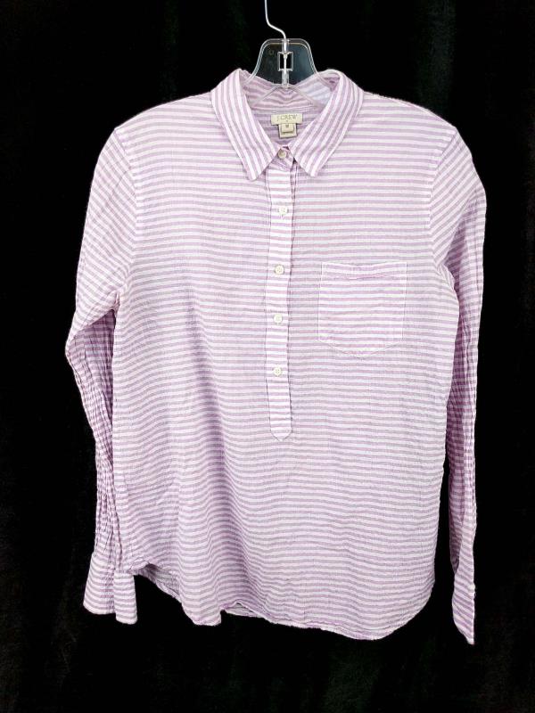 J CREW Popover Top Crinkled Cotton White Purple Stripe Seersucker Women's Size M