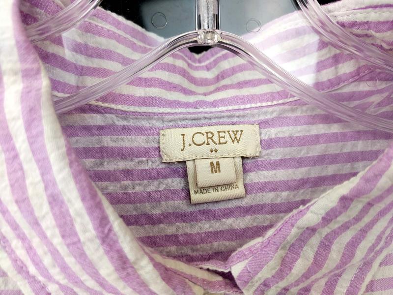 J CREW Popover Top Crinkled Cotton White Purple Stripe Seersucker Women's Size M