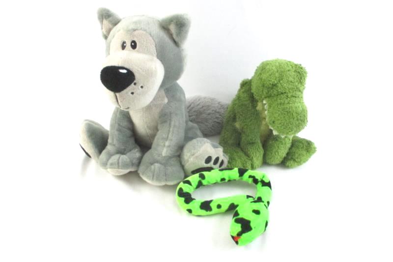 Lot Of 3 Stuffed Animal Plush Dolls Snake Dinosaur Wolf Fiesta Toys Green Yellow