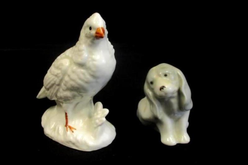 Bone China Figurines White Quail And Gray White Dog