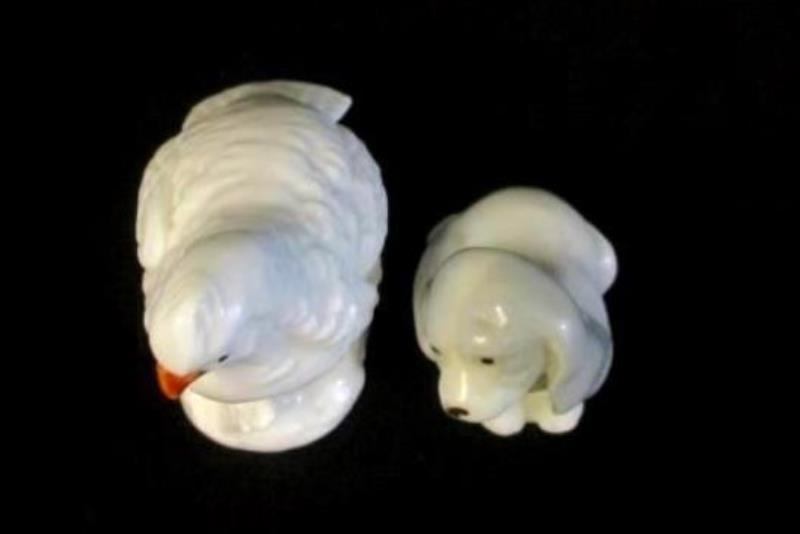 Bone China Figurines White Quail And Gray White Dog