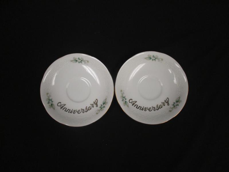 Lot of 2 Vintage Lefton China Hand Painted Tea Cups Saucers Happy Anniversary