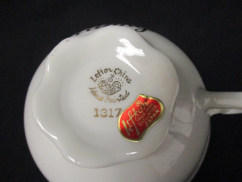 Lot of 2 Vintage Lefton China Hand Painted Tea Cups Saucers Happy Anniversary