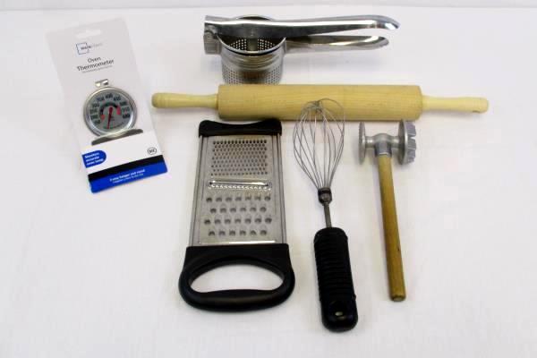 Mixed Lot of Kitchen Utensils Vintage Mallet Metal Juice Hand Press Roller