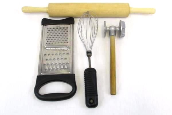 Mixed Lot of Kitchen Utensils Vintage Mallet Metal Juice Hand Press Roller