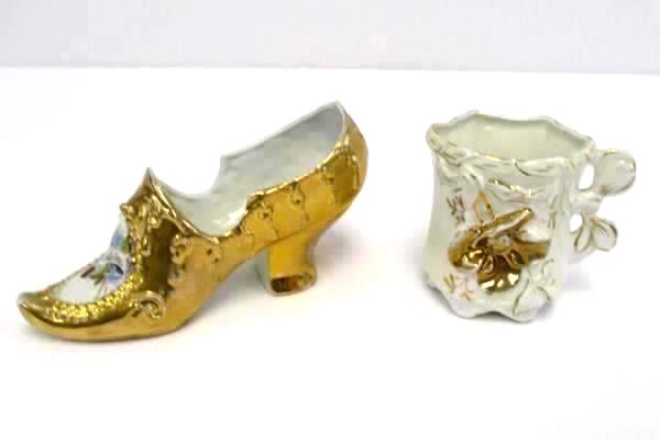 Vintage German Porcelain Geburtstag Birthday Shoe & Cup White Gold Tone Detail