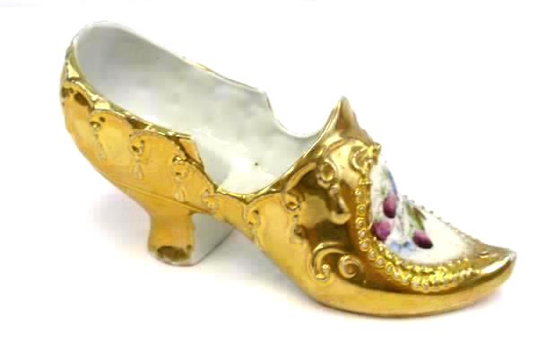 Vintage German Porcelain Geburtstag Birthday Shoe & Cup White Gold Tone Detail