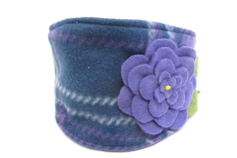 Headband and Neck Warmer Fleece Girl's Ear Warming Purple Flower Green Leaf