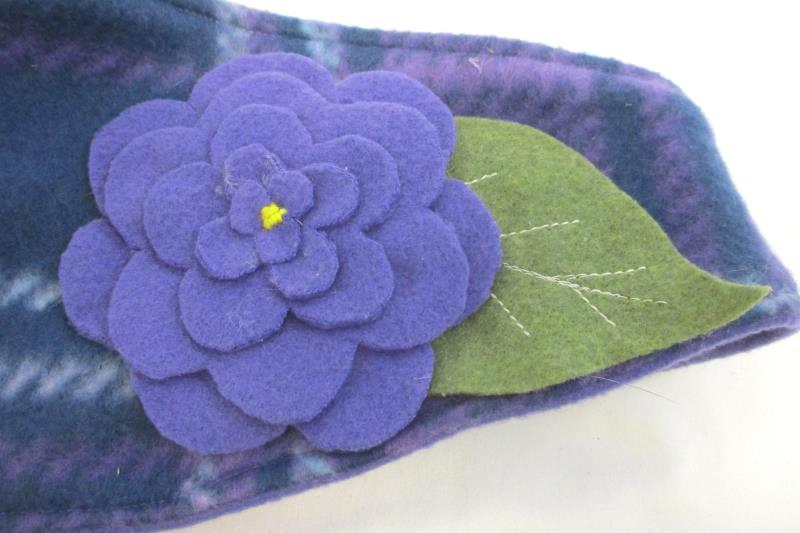 Headband and Neck Warmer Fleece Girl's Ear Warming Purple Flower Green Leaf