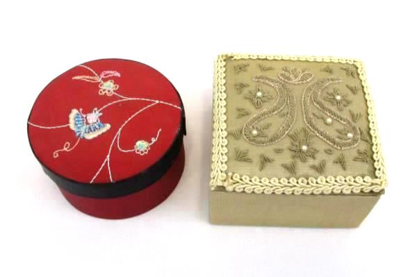 Pair of Vintage Beaded Satin Jewelry Trinket Boxes Taupe Ecru Red Black