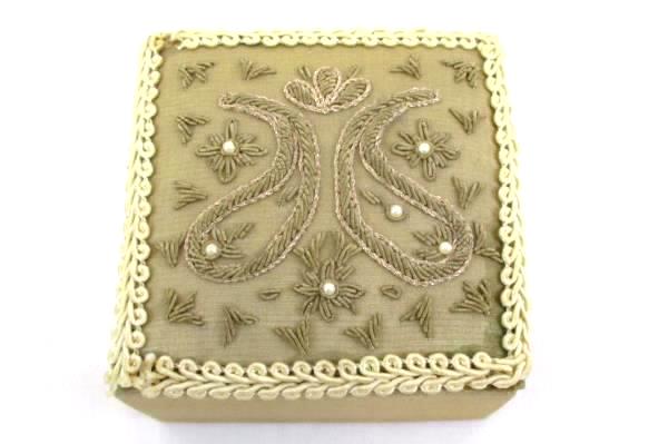 Pair of Vintage Beaded Satin Jewelry Trinket Boxes Taupe Ecru Red Black