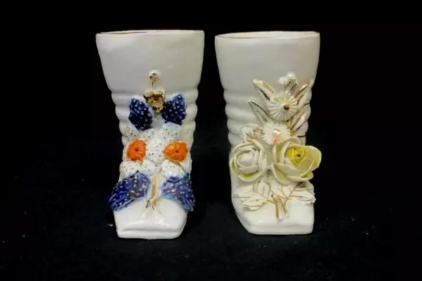 Vintage Porcelain Boot Vases Or Planters With Applied Flowers Made In Germany
