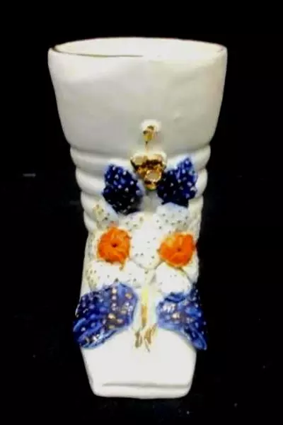 Vintage Porcelain Boot Vases Or Planters With Applied Flowers Made In Germany