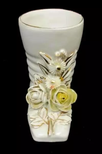 Vintage Porcelain Boot Vases Or Planters With Applied Flowers Made In Germany