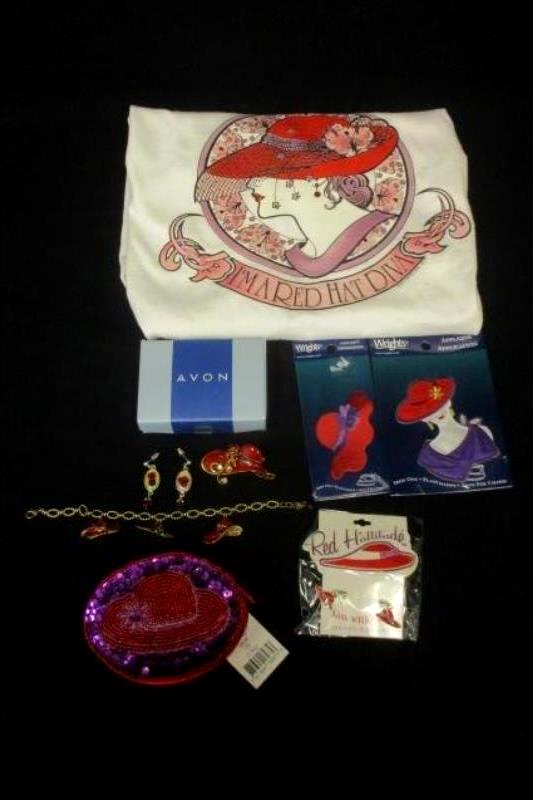 Lot of Red Hat Society Items Women's Sz L Top Earring Bracelet Coin Bag Patches