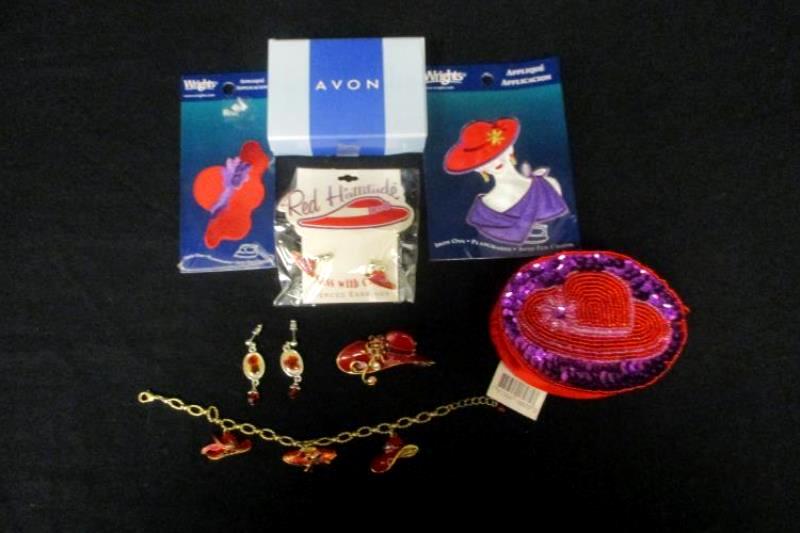Lot of Red Hat Society Items Women's Sz L Top Earring Bracelet Coin Bag Patches
