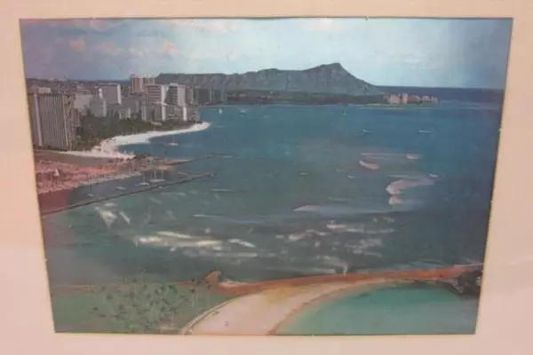 Lot of 2 Vtg Metal Etched Hawaii Memorabilia Art Framed Palm Trees Beach City