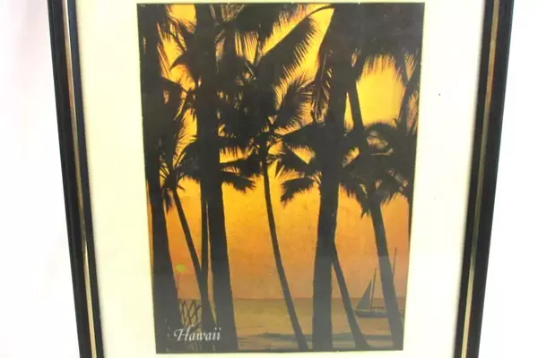 Lot of 2 Vtg Metal Etched Hawaii Memorabilia Art Framed Palm Trees Beach City