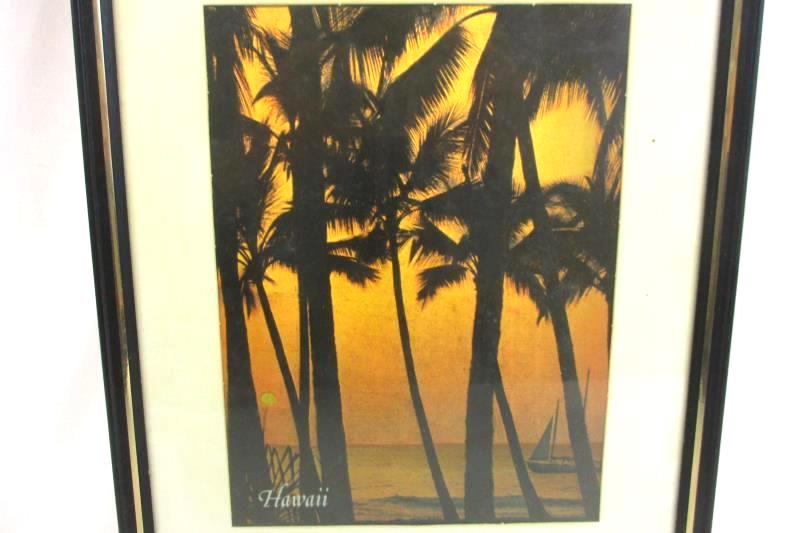 Lot of 2 Vtg Metal Etched Hawaii Memorabilia Art Framed Palm Trees Beach City