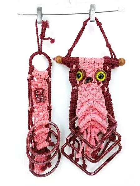 Set of 2 Vintage Macrame Towel Holders Owl Hanging Pink Boho Hippie 70s Craft