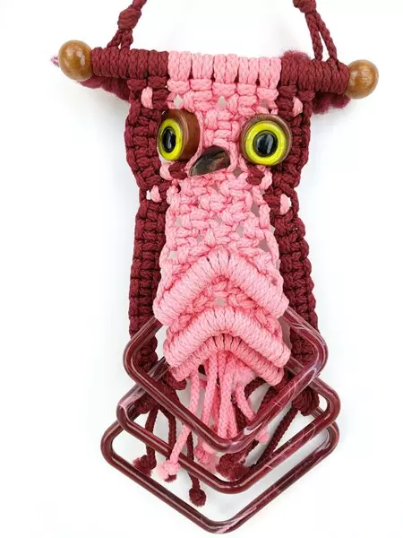 Set of 2 Vintage Macrame Towel Holders Owl Hanging Pink Boho Hippie 70s Craft