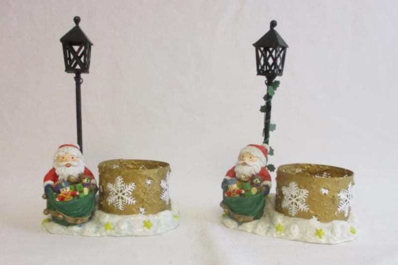 Lot of 2 Robert Alan Santa Candle Holders Street Light Bag Of Toys Snow