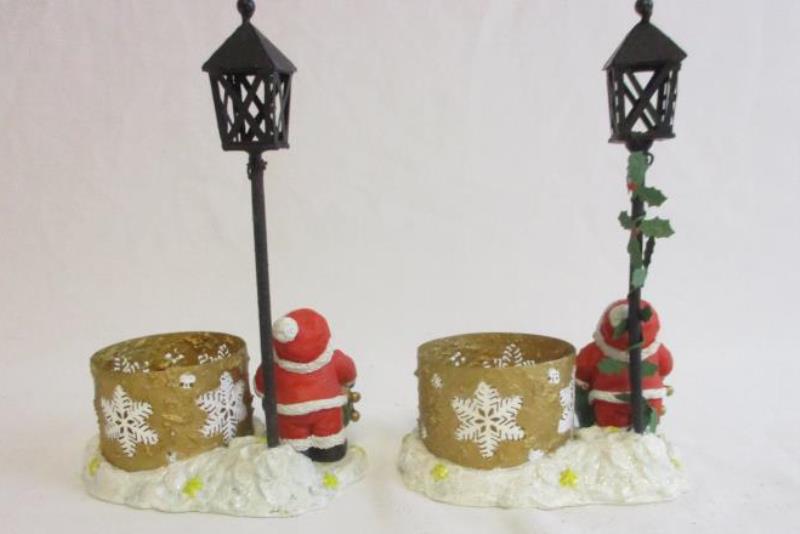 Lot of 2 Robert Alan Santa Candle Holders Street Light Bag Of Toys Snow