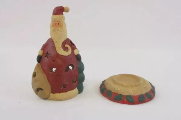 Ceramic Santa Tealight Candle Holder Star Cut Outs 2 Piece Set Red Green Brown
