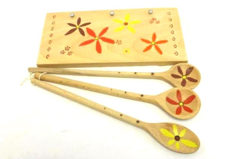 Vintage Set of 3 Hanging Wooden Spoons With Plaque Floral Painted