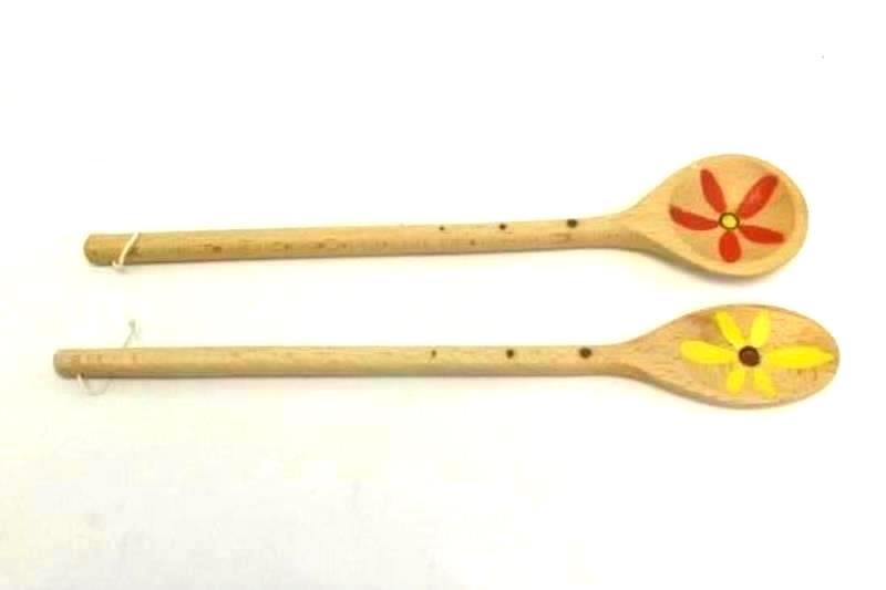 Vintage Set of 3 Hanging Wooden Spoons With Plaque Floral Painted