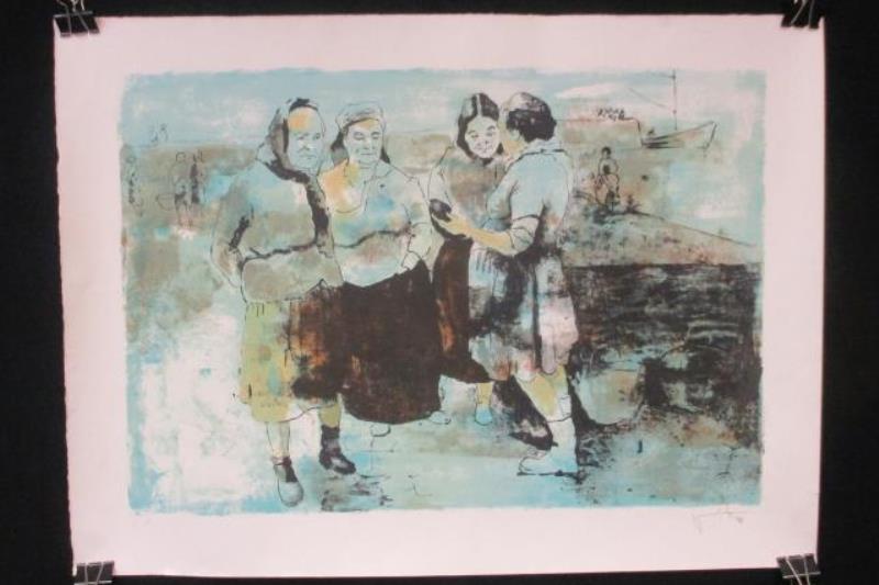 Abstract of Women Harvesters Signed Four Women Blue No Frame