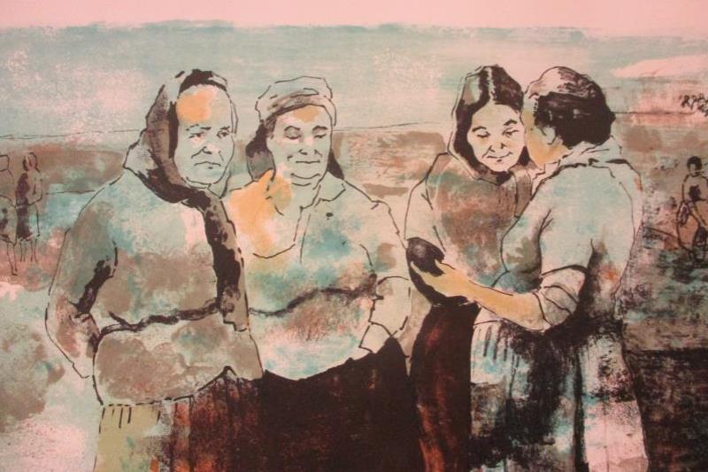 Abstract of Women Harvesters Signed Four Women Blue No Frame