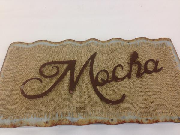 "Mocha" Corrugated Metal & Burlap Plaque 18"x9" Hanging Kitchen Home Cafe Decor